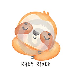 Adorable happy smile baby sloth sleeping cartoon watercolor nursery Illustration