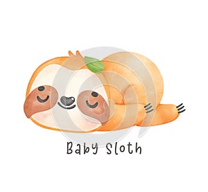 Adorable happy smile baby sloth sleeping cartoon watercolor nursery Illustration