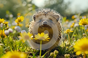 Adorable Hedgehog Amidst Vibrant Yellow Flowers in a Sunny Meadow Cute Wildlife Photography for Nature Themes