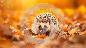 Adorable hedgehog in autumn leaves basking in golden light. Perfect for seasonal themes. Wildlife in natural habitat. AI