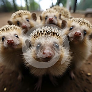 Adorable hedgehog babies sitting together and looking up at the camera, AI-generated.