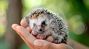 Adorable hedgehog being delicately held in hands against a softly blurred background