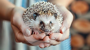 Adorable hedgehog being gently cradled in hands against softly blurred background