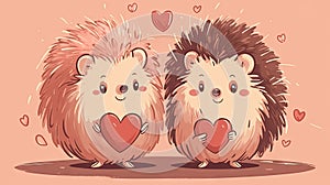 Adorable Hedgehog Couple in Love Holding Hearts for Valentine\'s Day Cards.