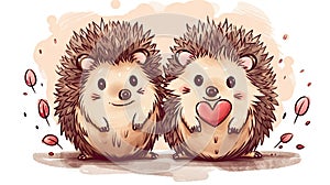 Adorable Hedgehog Couple in Love Holding Hearts for Valentine\'s Day Cards.