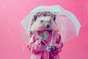 Adorable hedgehog in a pink raincoat, holding a clear umbrella, ready for rainy days.