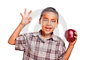 Adorable Hispanic Boy with Apple and Okay Hand Sign