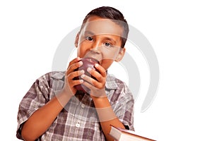 Adorable Hispanic Boy Eating a Large Red Apple