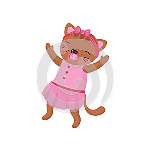 Adorable humanized kitten wearing pink dress and hoop with bow on head. Baby girl with pacifier in mouth. Cartoon animal