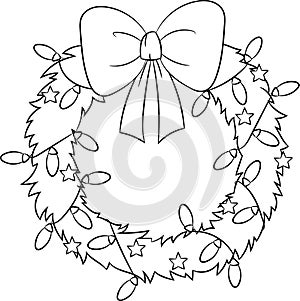 Adorable illustration of a Christmas wreath, in black and white, perfect for children`s coloring book