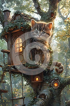 Adorable Illustration of Cute kitten in house on a tree. Ai