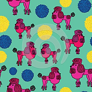 Adorable illustration of cute Pink Poodle and bobbles, seamless  pattern