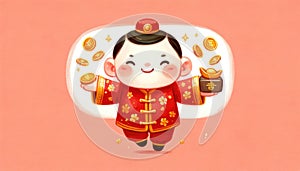 An adorable illustration showcasing a child in a red Chinese attire, beaming with happiness and surrounded by floating gold coins