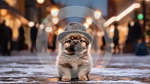 A cute Pekingese puppy dog wearing a hat on blurred a snowy street background. Generative AI.