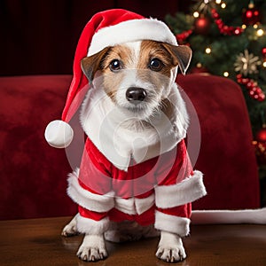 Adorable Jack Russell Terrier, dressed as Santa Claus