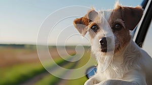 Adorable Jack Russell Terrier enjoying a car ride, peering out with curious eyes. A fluffy companion on a sunny day