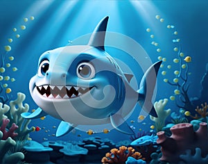 An adorable and joyful 3D cartoon baby shark, radiating happiness and showcasing a lovable, friendly personality beneath the waves