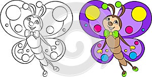 Adorable before and after kawaii drawing of a little butterfly, beautifully colored, for children`s coloring book or coloring game photo