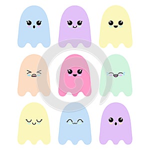 Adorable kawaii ghosts, cute pastel colours and fun sweet expressions, Halloween fun