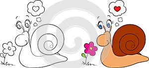Before and after kawaii drawing of a little snail looking at a flower, for children`s coloring book or Valentine`s Day card