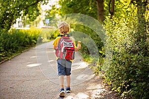 Adorable kid in colorful clothes and backpack, walking away and eating ice cream on a sunny summer afternoon, warm day