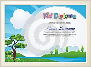 Adorable kid diploma with nature landscape