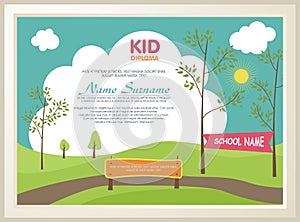 Adorable kid diploma with nature landscape