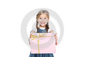 adorable kid with pink gift box,