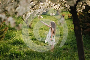 Adorable kid walking barefoot on green grass and spin around by beautifull flowering tree. Happy little girl waklkafter