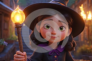 Adorable kid wearing witch hat at halloween