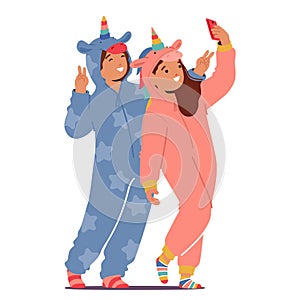 Adorable Kids Characters Don Unicorn-themed Kigurumi Pajamas, Making Selfie on Smartphone, Cartoon Vector Illustration