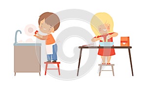 Adorable Kids Doing Housework and Housekeeping Washing the Dishes in Kitchen Sink and Baking Vector Set