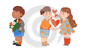 Adorable kids in love set. Boy holding bouquet of flowers. Children holding hands cartoon vector illustration