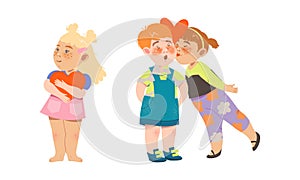 Adorable kids in love set. Cute children holding red heart and kissing cartoon vector illustration