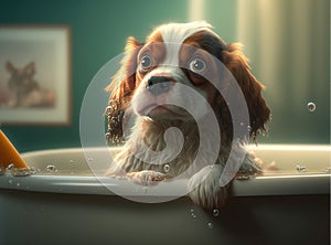 Adorable King Charles Cavalier dog in a bath, vintage setting