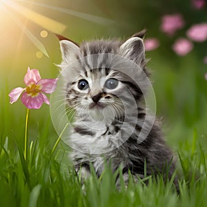 Adorable kitten captivated by the beauty of natures wonders