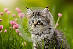 Adorable kitten captivated by the beauty of natures wonders