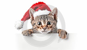 Adorable kitten in christmas hat peeks from behind empty sign for a charming holiday surprise