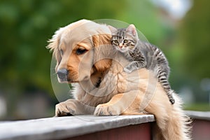 an adorable kitten climbing onto the shoulder of a dog, who is sitting on a park bench