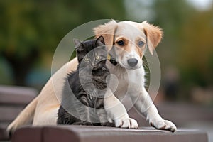 an adorable kitten climbing onto the shoulder of a dog, who is sitting on a park bench