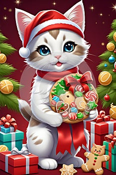 Adorable kitten in cute holiday costums, with christmas cookies, decorated christmas tree, gifts, cartoon, printable, cheerful photo