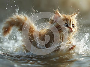 Adorable Kitten Engages in Water Play. Generative AI.