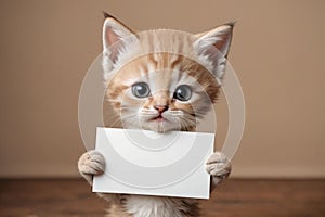Adorable kitten holding a blank sign