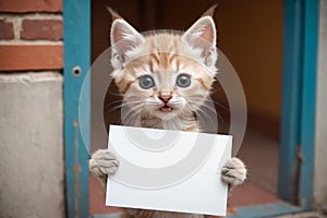 Adorable kitten holding a blank sign