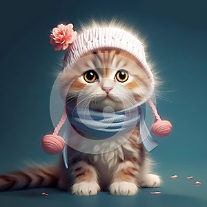 Adorable kitten in a knitted hat and scarf. Cute cat in a Christmas composition with bokeh effect
