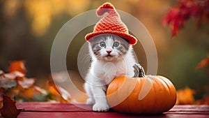 An adorable kitten with a playful demeanor, sitting on a red fence surrounded by greenery,