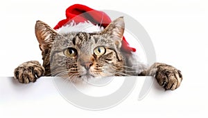 Adorable kitten in santa hat peeking behind blank banner, adding a touch of holiday cheer
