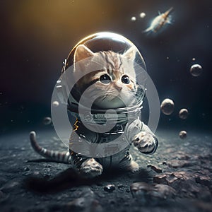 A adorable kitten in a space suite exploring a planet .