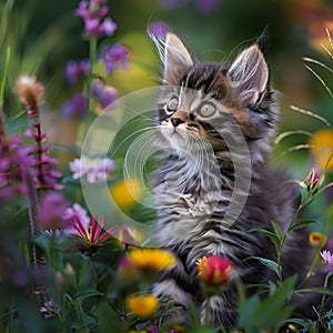 Adorable kitten in a stunning flower field, AI-generated.