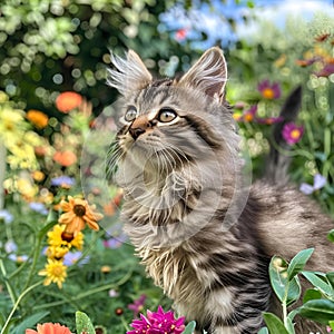 Adorable kitten in a stunning flower field, AI-generated.